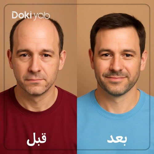 مرد میانسال در نمای قبل و بعد از کاشت مو؛ نمونه واقعی کاشت مو در شیراز با بازیابی کامل خط رویش پیشانی و تراکم طبیعی در سال ۲۰۲۵