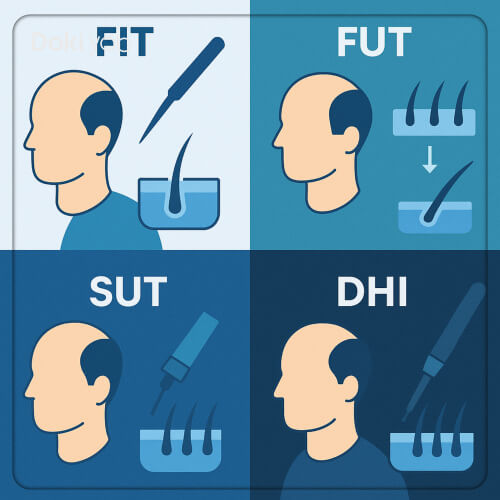 مقایسه تصویری روش_های کاشت مو در شیراز شامل FIT، FUT، SUT و DHI