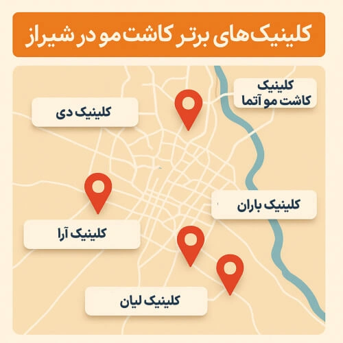نقشه گرافیکی شیراز با موقعیت ۷ کلینیک معتبر کاشت مو شامل آتما، دی، باران، آرا، نهال، لیان و ایرسا