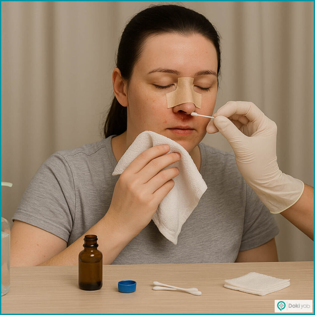 تمیز کردن بیرون سوراخ‌های بینی بعد از عمل با گوش‌پاک‌کن؛ مجله دکی یاب