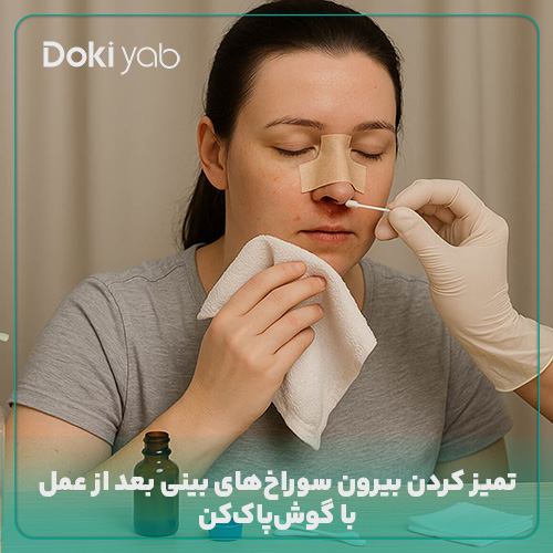 تمیز کردن بیرون سوراخ‌های بینی بعد از عمل با گوش‌پاک‌کن؛ مجله دکی یاب