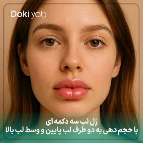 ژل لب سه دکمه ای با حجم دهی به دو طرف لب پایین و وسط لب بالا 