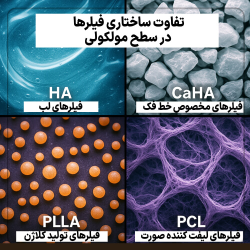 نمای میکروسکوپی مقایسه بافت انواع فیلر – ژل نرم، کریستال سفید، ذرات پراکنده و ساختار شبکه‌ای