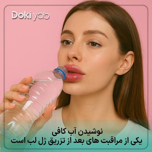 خانمی در حال نوشیدن آب کافی برای مراقبت از ژل لب